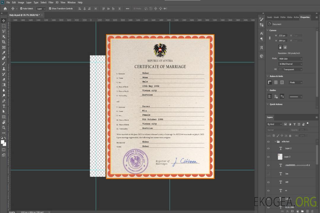 Modèle PSD de certificat de mariage en Autriche, template